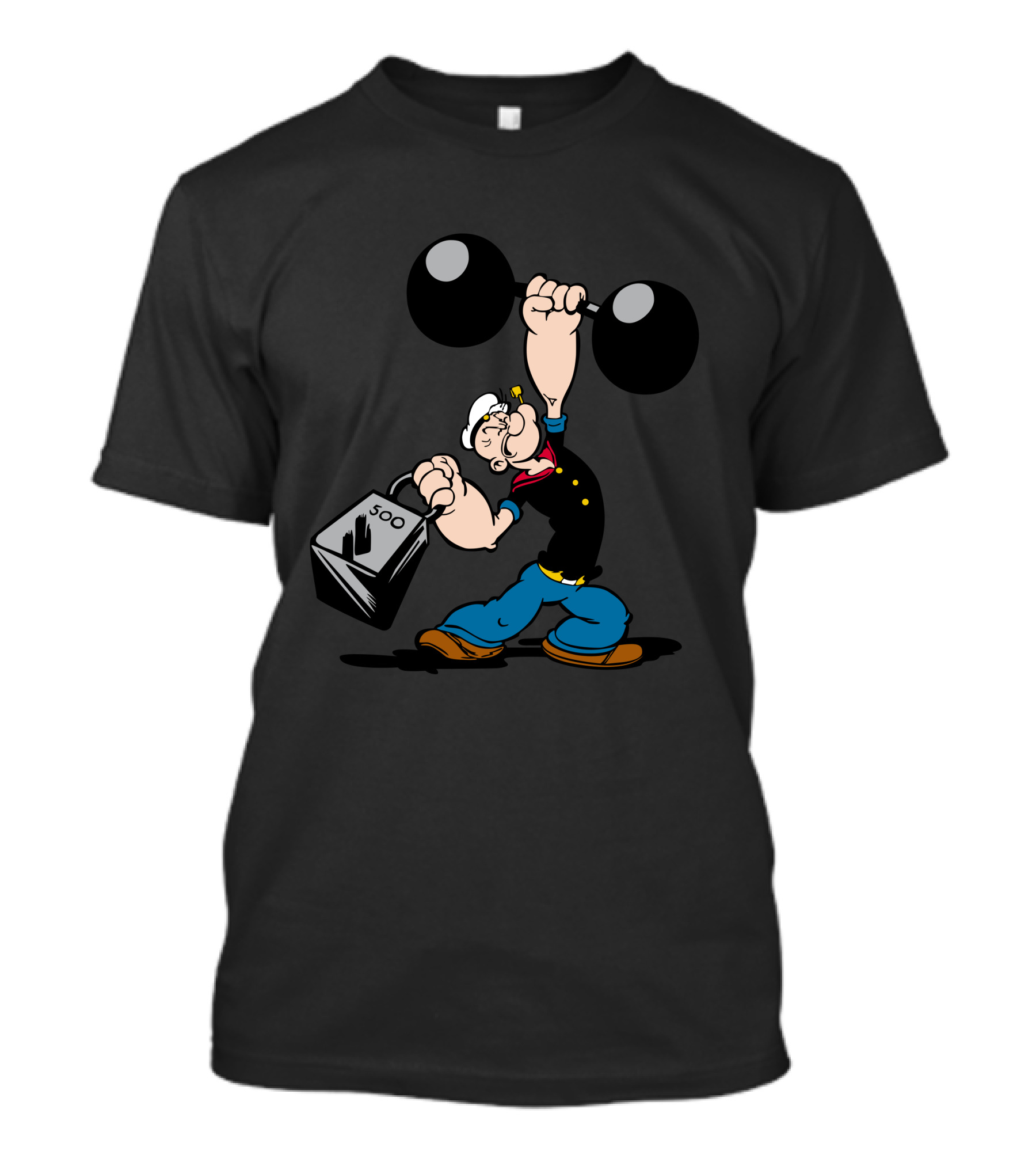 Funny Popeye Weightlifting Gym Humor 500 Lbs Black Dumbbell T-Shirt