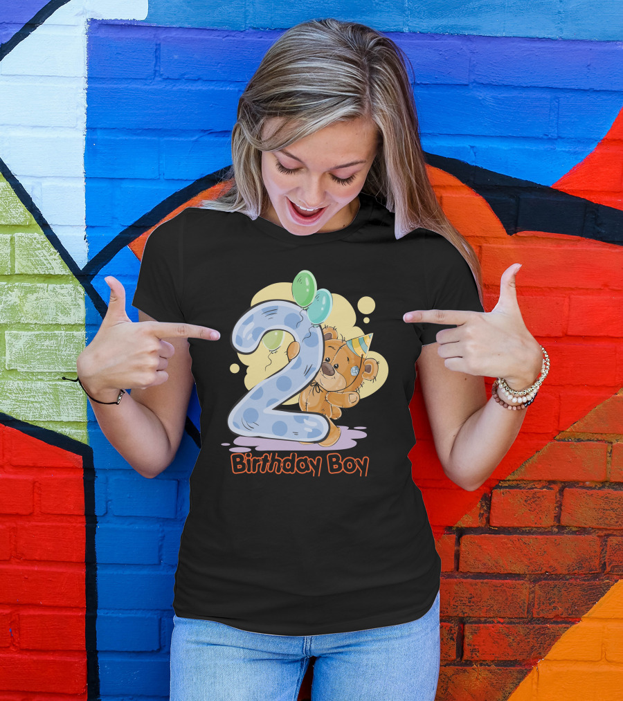 2 Birthday Boy Teddy Bear Balloons Party T-Shirt