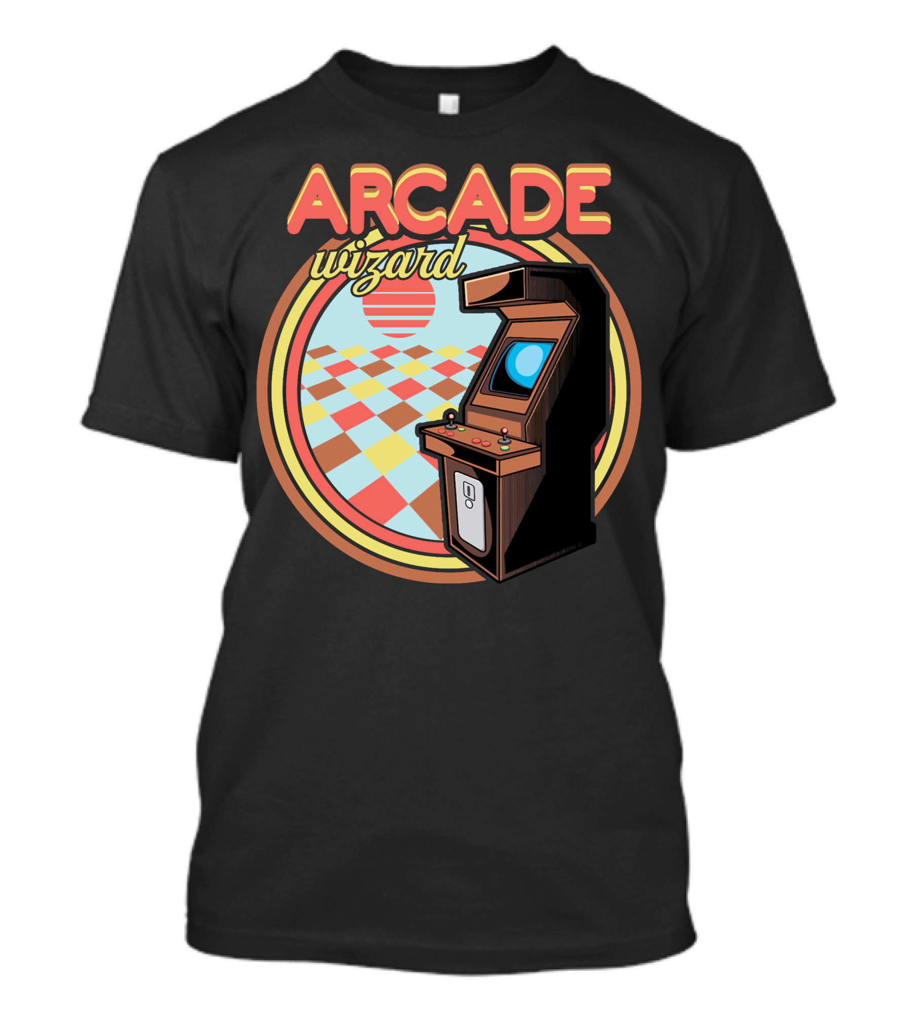Arcade Wizard Retro Arcade Machine With Checkered Sunset Background T-Shirt