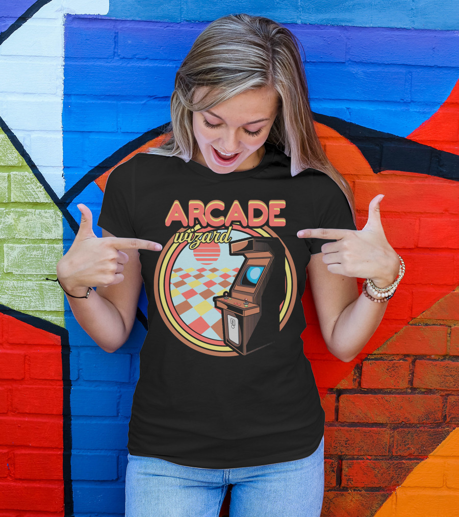 Arcade Wizard Retro Arcade Machine With Checkered Sunset Background T-Shirt