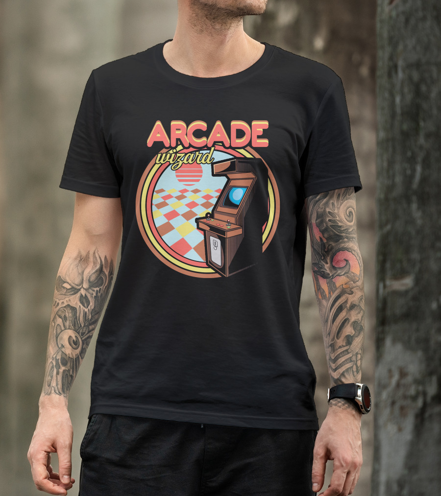 Arcade Wizard Retro Arcade Machine With Checkered Sunset Background T-Shirt