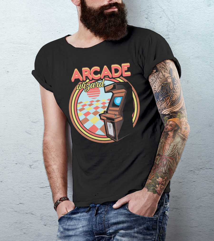Arcade Wizard Retro Arcade Machine With Checkered Sunset Background T-Shirt