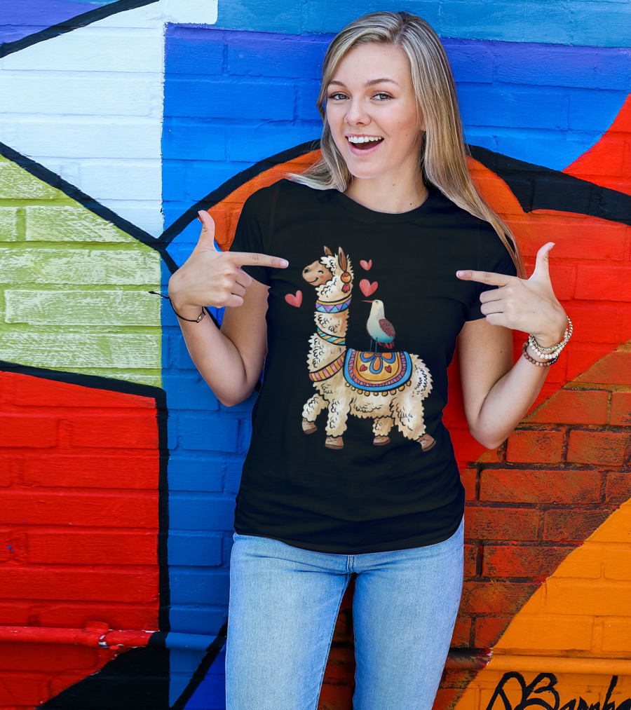 Beautifull Friendship Llama And Bird With Hearts T-Shirt