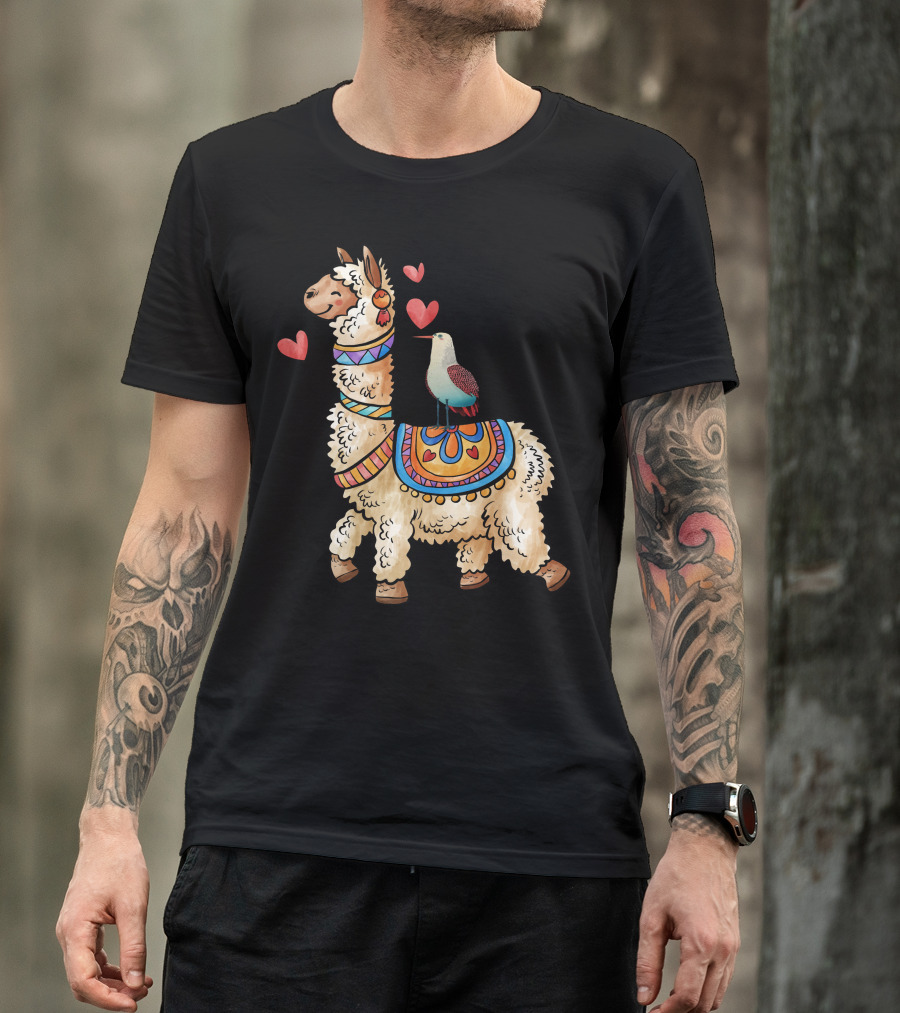 Beautifull Friendship Llama And Bird With Hearts T-Shirt