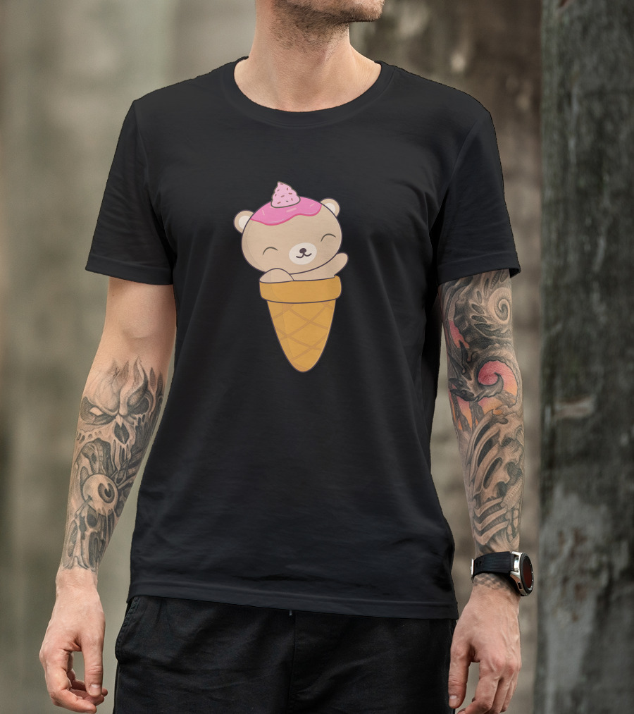 Brown Bear With Pink Ice Cream Cone Hat T-Shirt