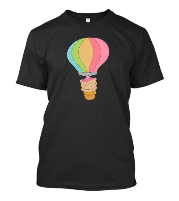 Brown Bear With Ice Cream Cone Hat In Multicolored Hot Air Balloon T-Shirt