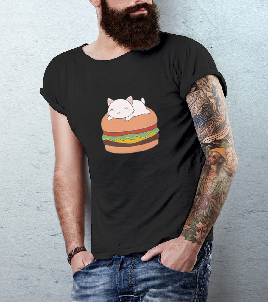 Burger And Kawaii Cat On Hamburger T-Shirt