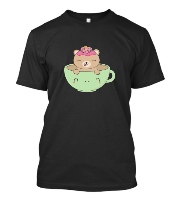 Caffeine Loving Brown Bear In Mint Cup With Pink Donut T-Shirt