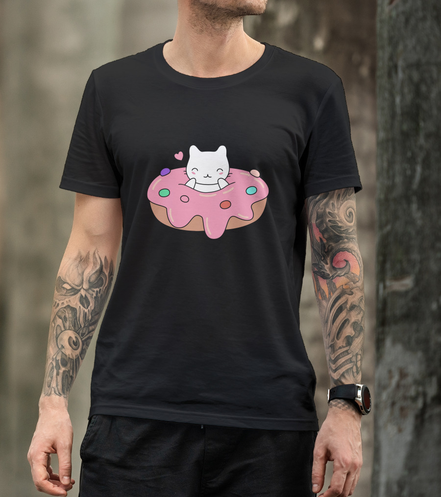 Cute Cat Inside Pink Sprinkle Donut With Heart T-Shirt