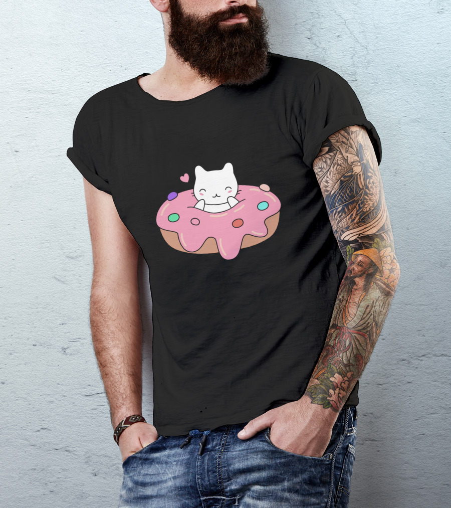 Cute Cat Inside Pink Sprinkle Donut With Heart T-Shirt