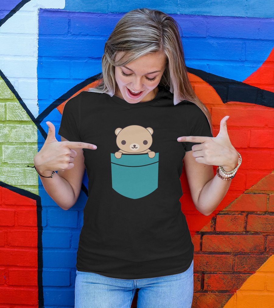 Cute Pocket Brown Bear Teal Pocket T-Shirt