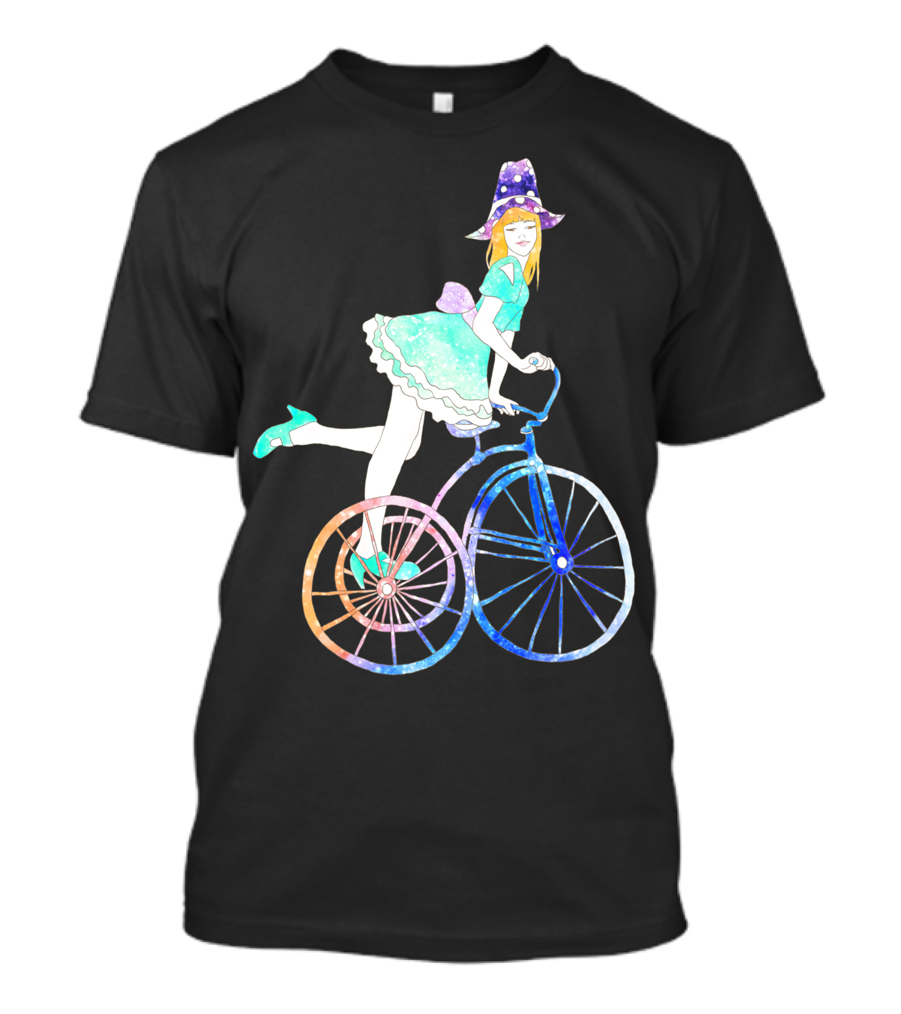 Cycling Beauty With Whimsical Witch Aesthetic On Rainbow Wheels T-Shirt
