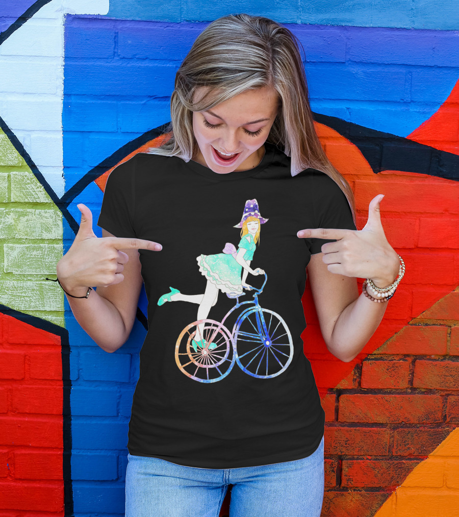 Cycling Beauty With Whimsical Witch Aesthetic On Rainbow Wheels T-Shirt