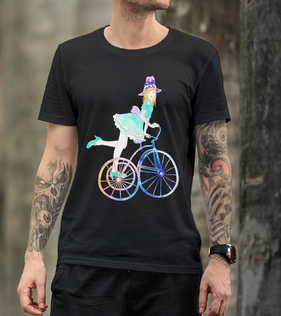 Cycling Beauty With Whimsical Witch Aesthetic On Rainbow Wheels T-Shirt