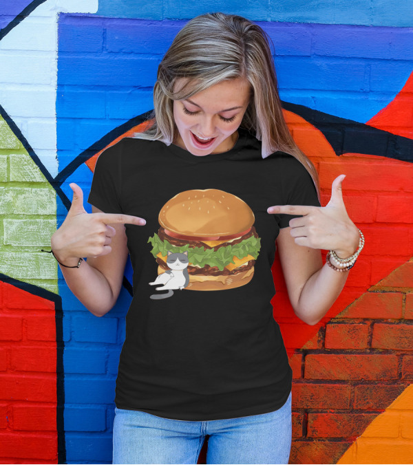 Double Cheese Burger With Relaxed Fat Gray Cat T-Shirt