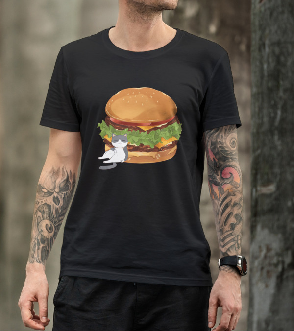 Double Cheese Burger With Relaxed Fat Gray Cat T-Shirt