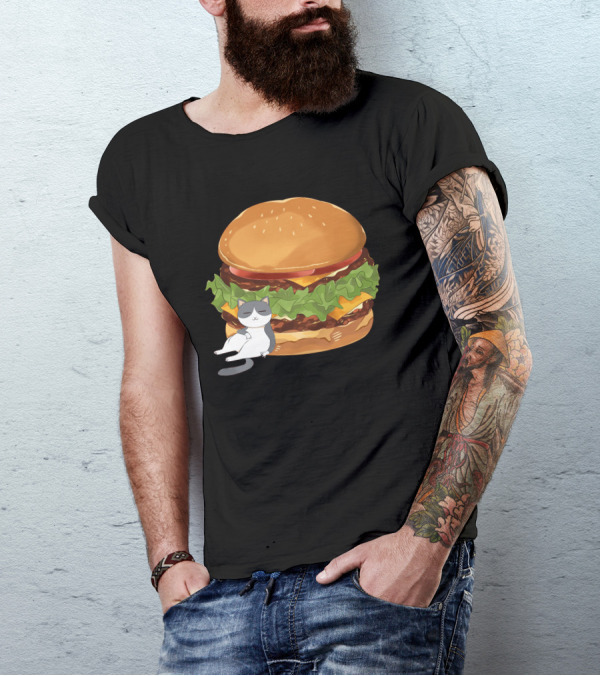 Double Cheese Burger With Relaxed Fat Gray Cat T-Shirt