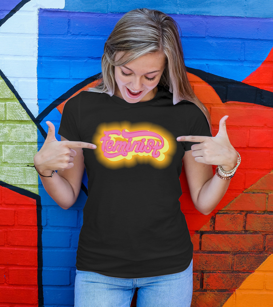 Feminist Neon Pink Text With Yellow Glow T-Shirt
