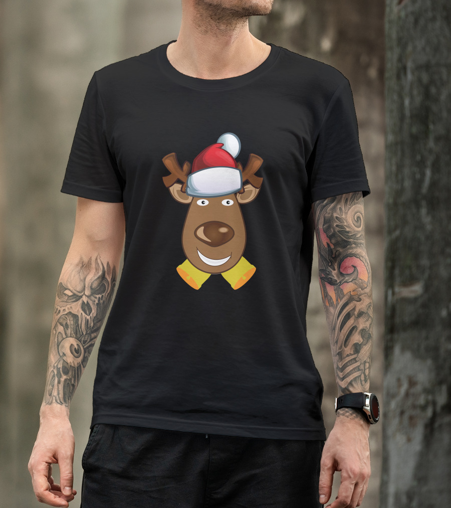 Funny Christmas Deer Wearing Santa Hat With Jingle Bells T-Shirt