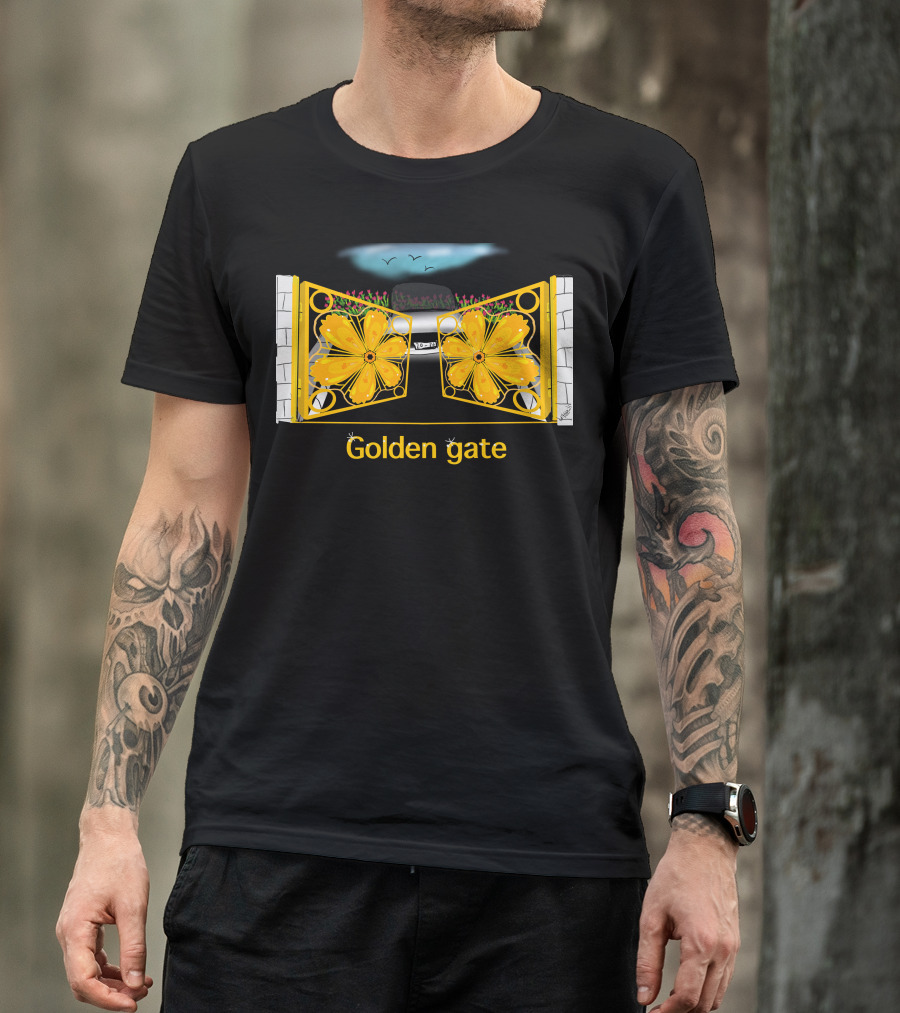Golden Gate Floral Design With Stone Pillars And Car T-Shirt