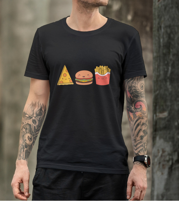 Happy Pizza Burger And Fries Smiling Foods T-Shirt