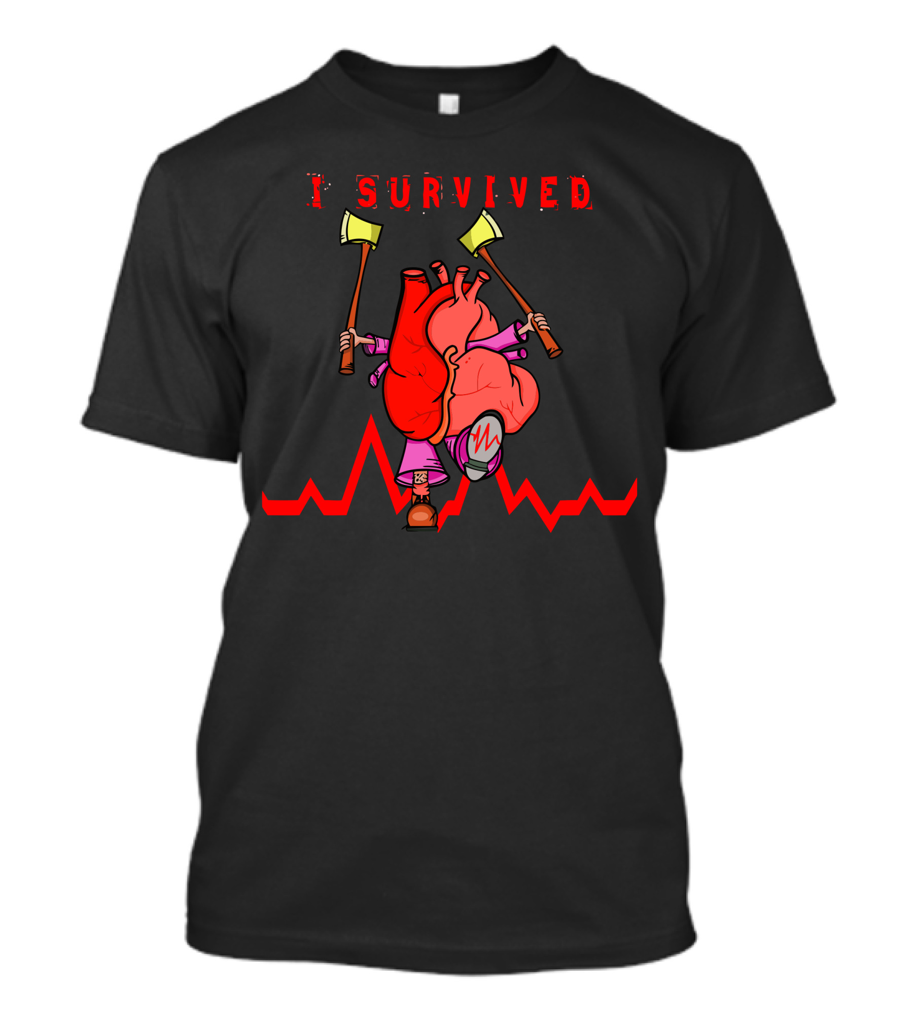 I Survived Heart Attack Cartoon Character With Axes And Heartbeat Line T-Shirt