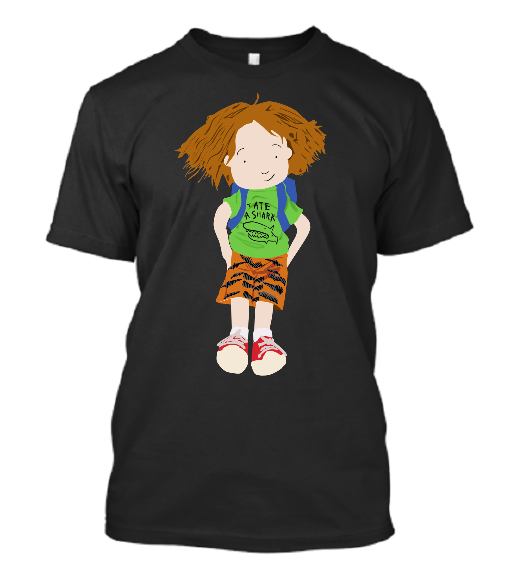 Tate A Shark Graphic Character With Red Sneakers And Blue Backpack T-Shirt
