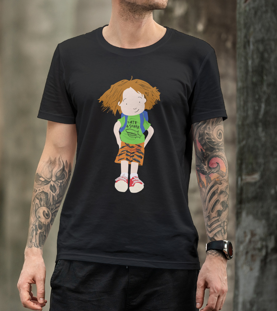 Tate A Shark Graphic Character With Red Sneakers And Blue Backpack T-Shirt