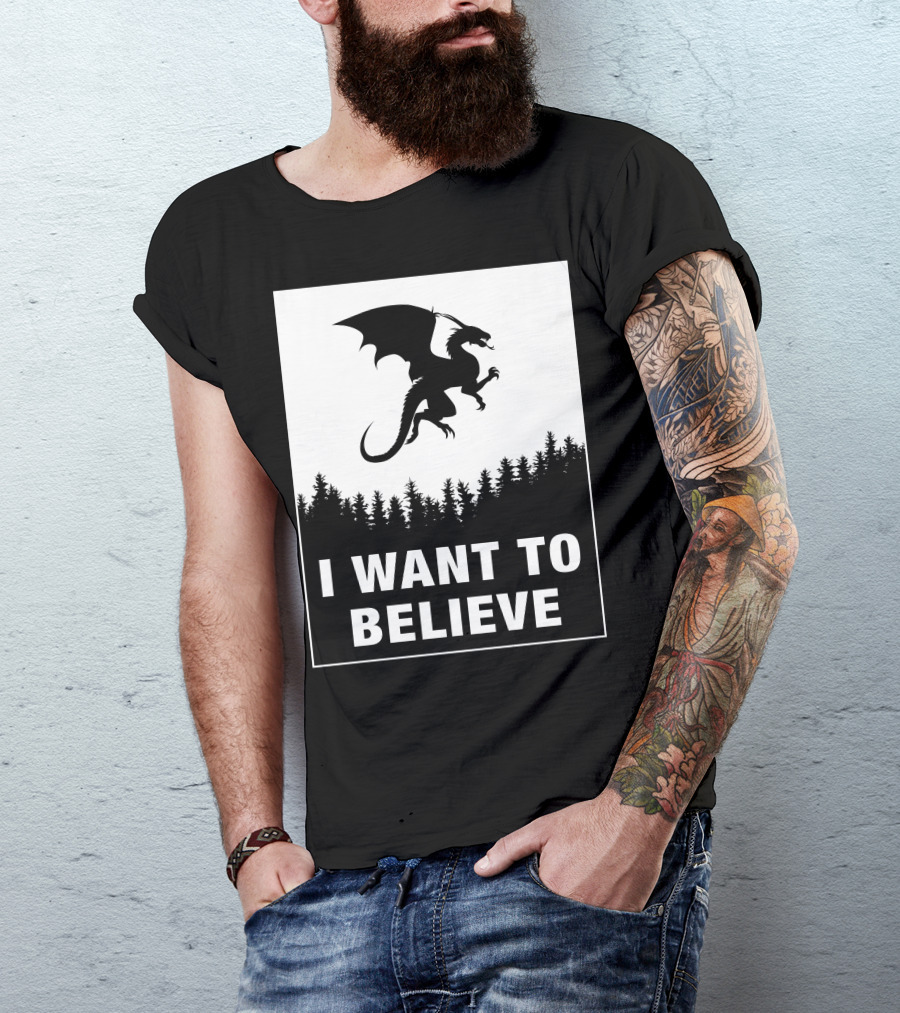 I Want To Believe Dungeons And Dragons Forest Silhouette Dragon Appeal T-Shirt