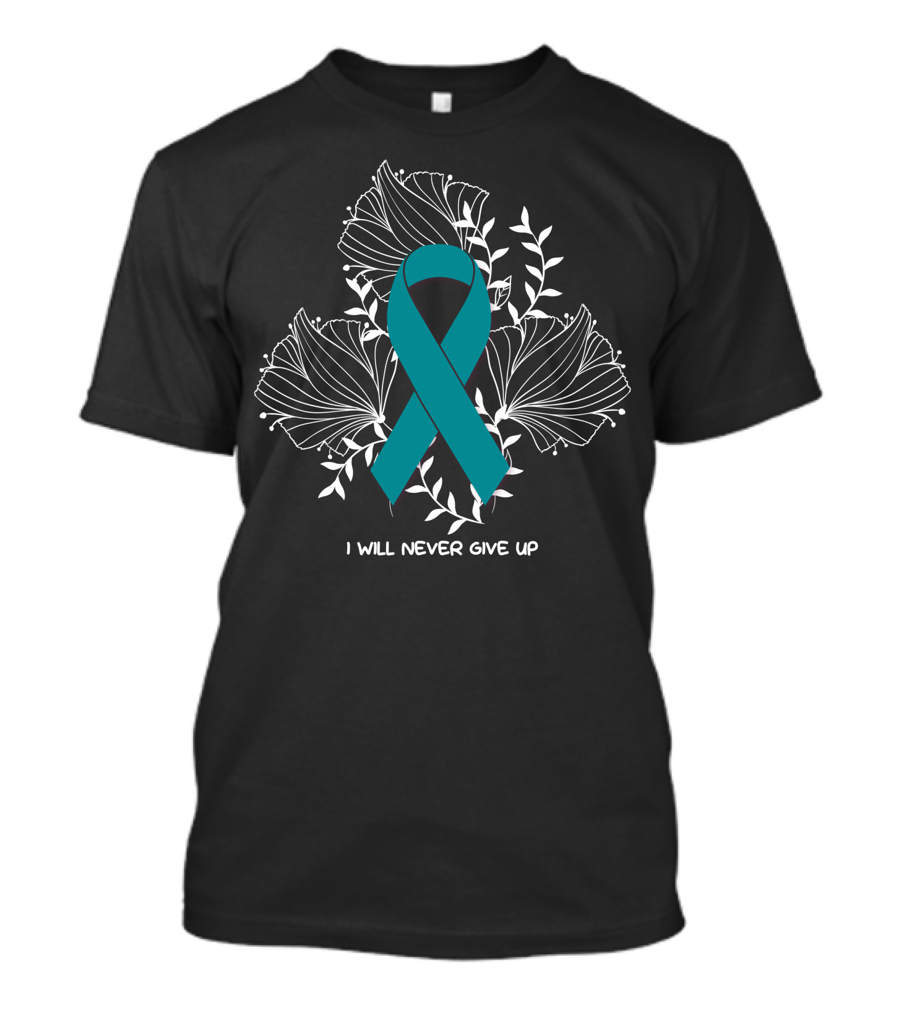 I Will Never Give Up Teal Ribbon Floral T-Shirt