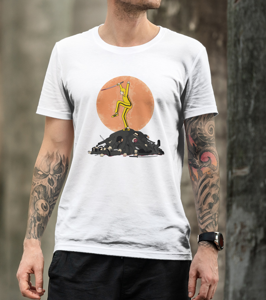 Karate Bill Yellow Jumpsuit Warrior On Ninja Pile Moon Background T-Shirt