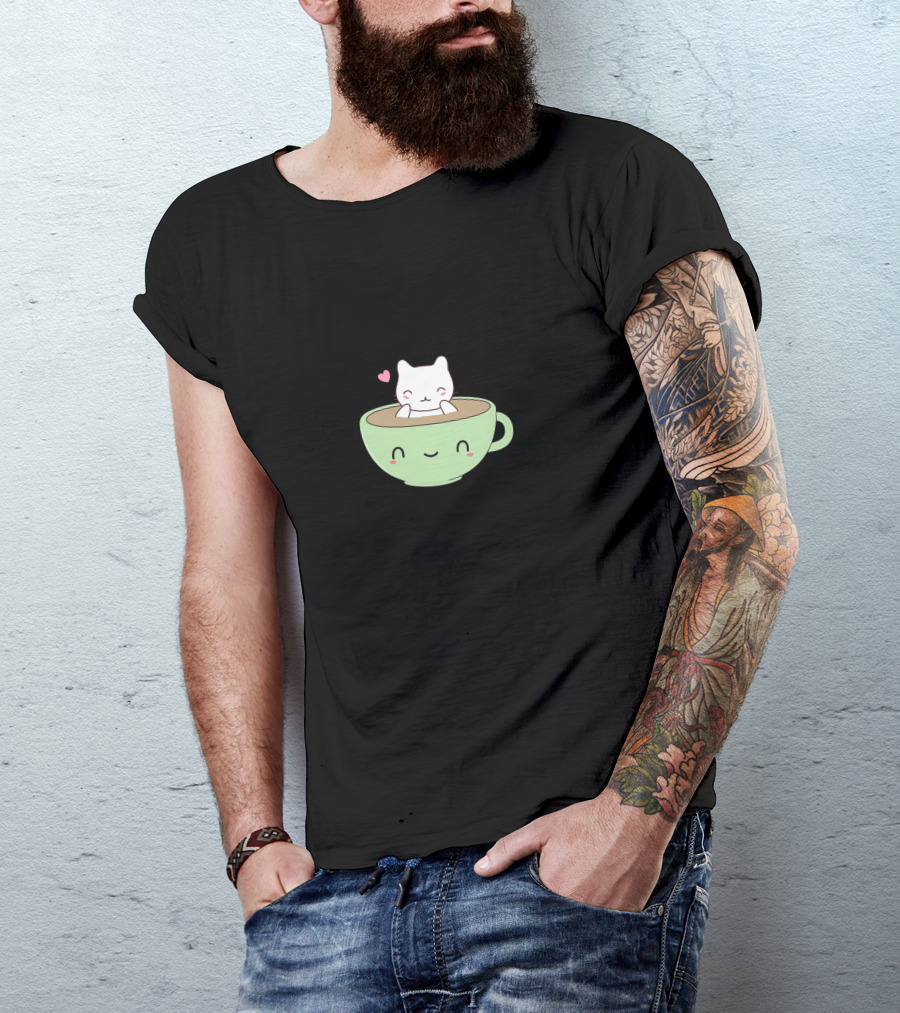 Kawaii Cat Inside Smiling Coffee Cup With Pink Heart T-Shirt