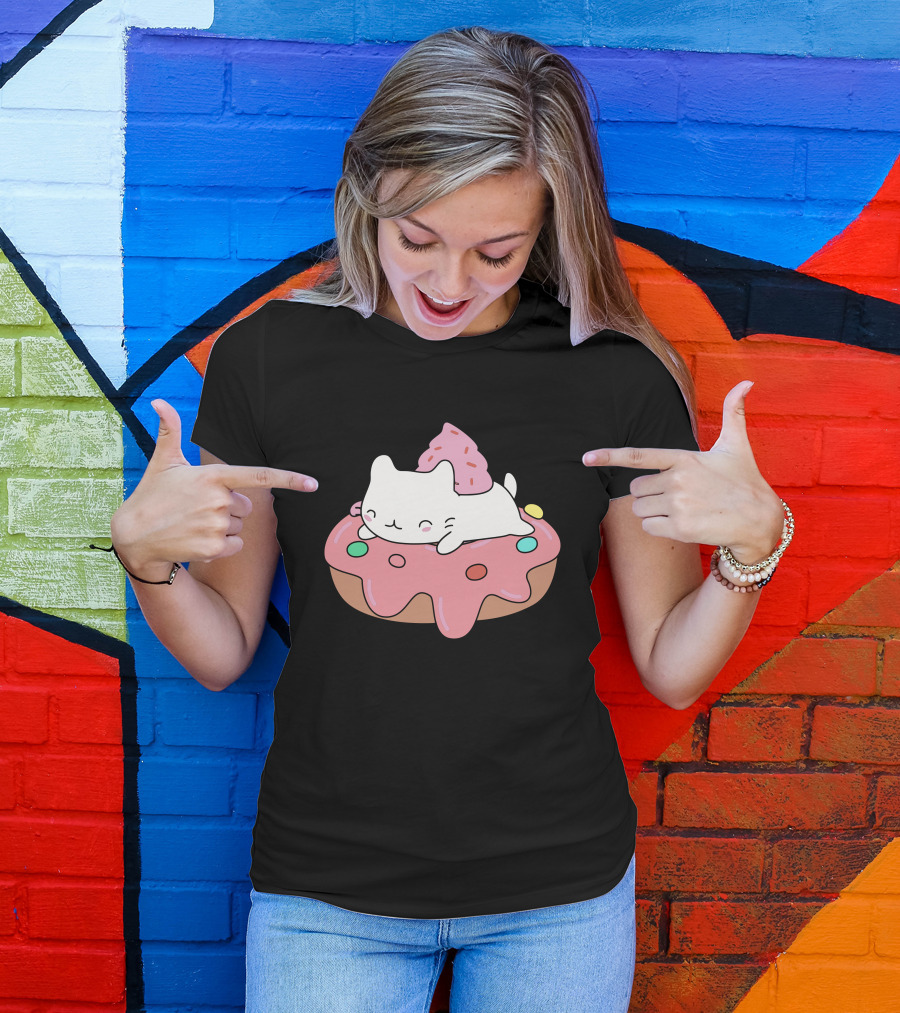 Kawaii Kitten Resting On Pink Frosted Donut With Sprinkles T-Shirt