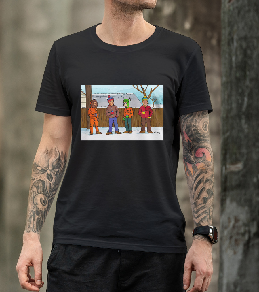King Of The Park Animated Winter Scene With Four Characters In Colorful Coats T-Shirt