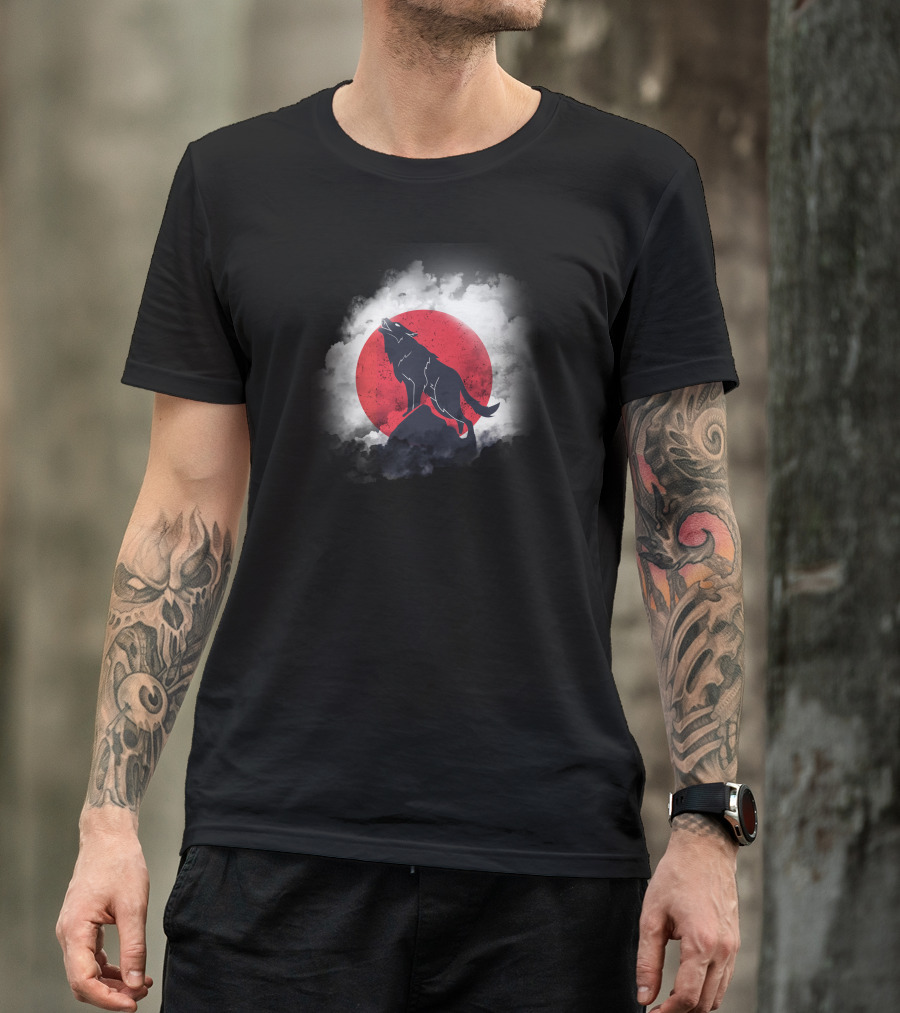 Night Wolf Howling At Full Moon With Red Sun And Dark Sky Clouds T-Shirt