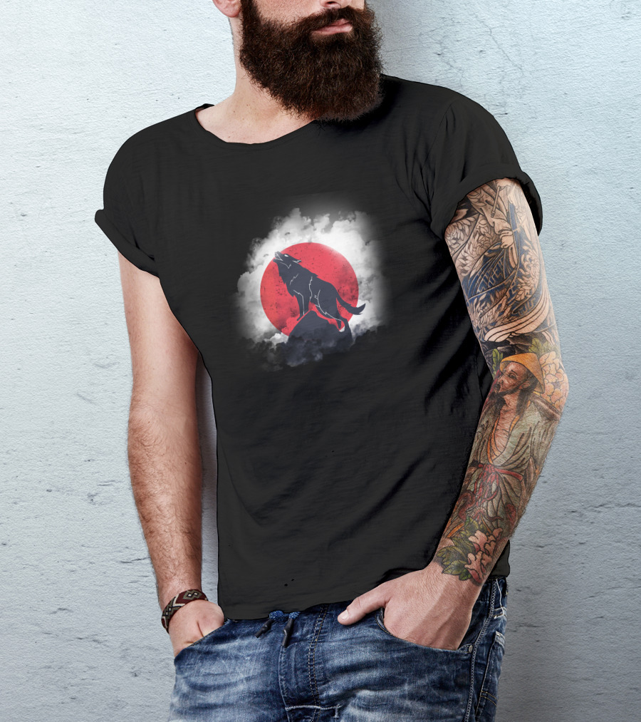 Night Wolf Howling At Full Moon With Red Sun And Dark Sky Clouds T-Shirt