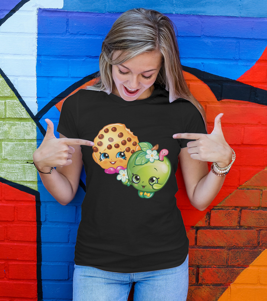 Strawberry Girl Cookie And Apple Characters With Flowers And Worm T-Shirt