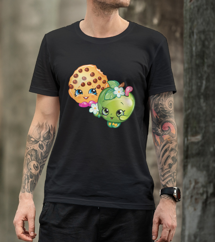 Strawberry Girl Cookie And Apple Characters With Flowers And Worm T-Shirt
