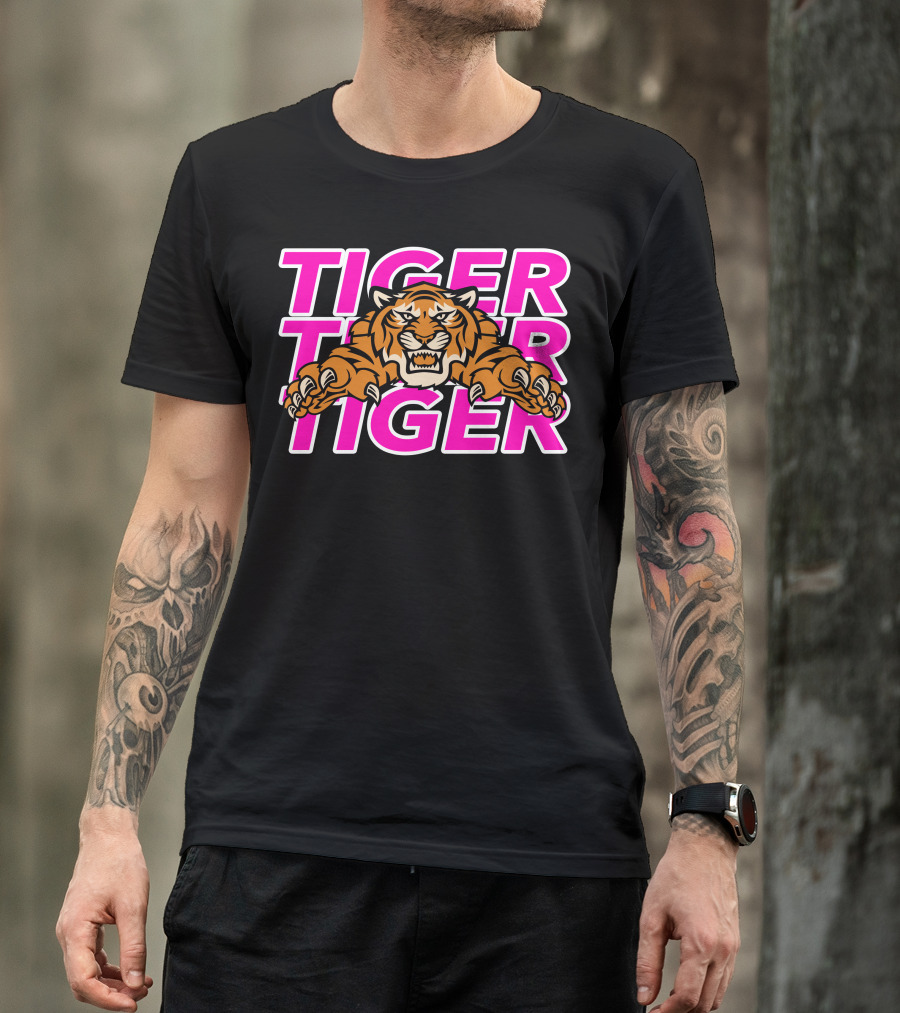 Tiger Tiger Tiger Bold Pink Letters Fierce Tiger Head T-Shirt