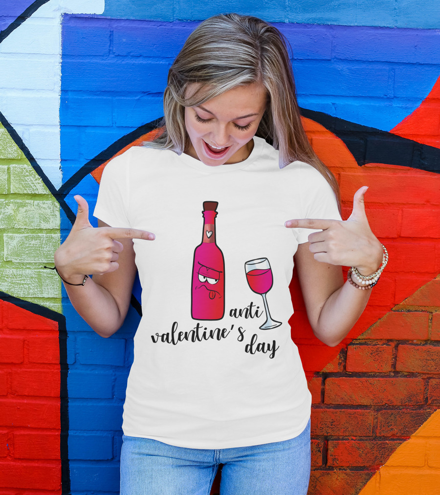 Anti Valentine's Day Wine Bottle And Glass With Heart T-Shirt