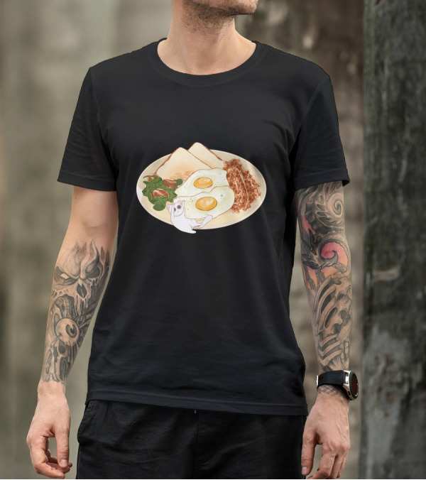 Plate Of Eggs Bacon Toast Cat Breakfast With The Blue T-Shirt