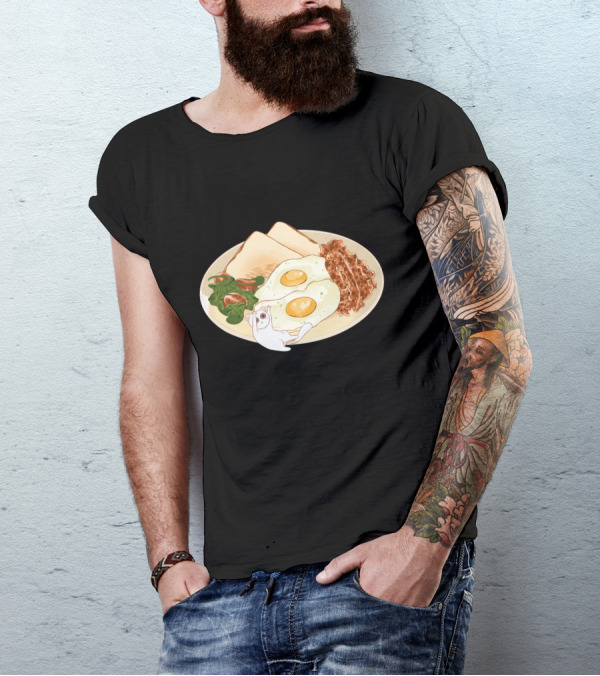 Plate Of Eggs Bacon Toast Cat Breakfast With The Blue T-Shirt