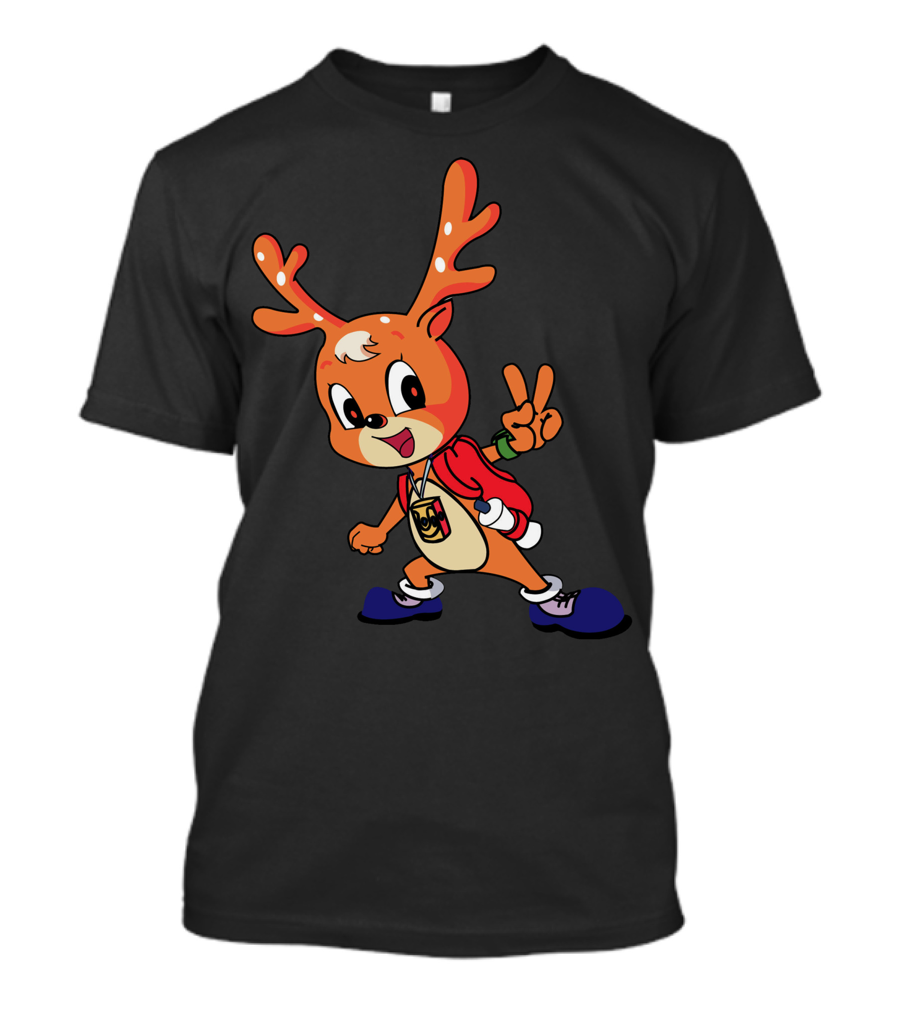 Cheerful Deer Peace Gesture Backpacker Cartoon T-Shirt