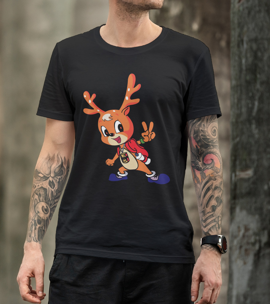 Cheerful Deer Peace Gesture Backpacker Cartoon T-Shirt