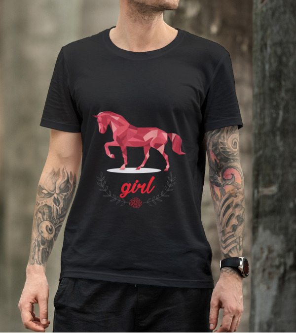 Crazy Horse Girl Geometric Design With Red Horse And Rose Accent T-Shirt