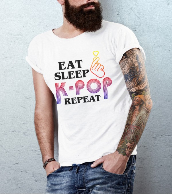 Eat Sleep K-Pop Repeat Finger Heart Gesture T-Shirt