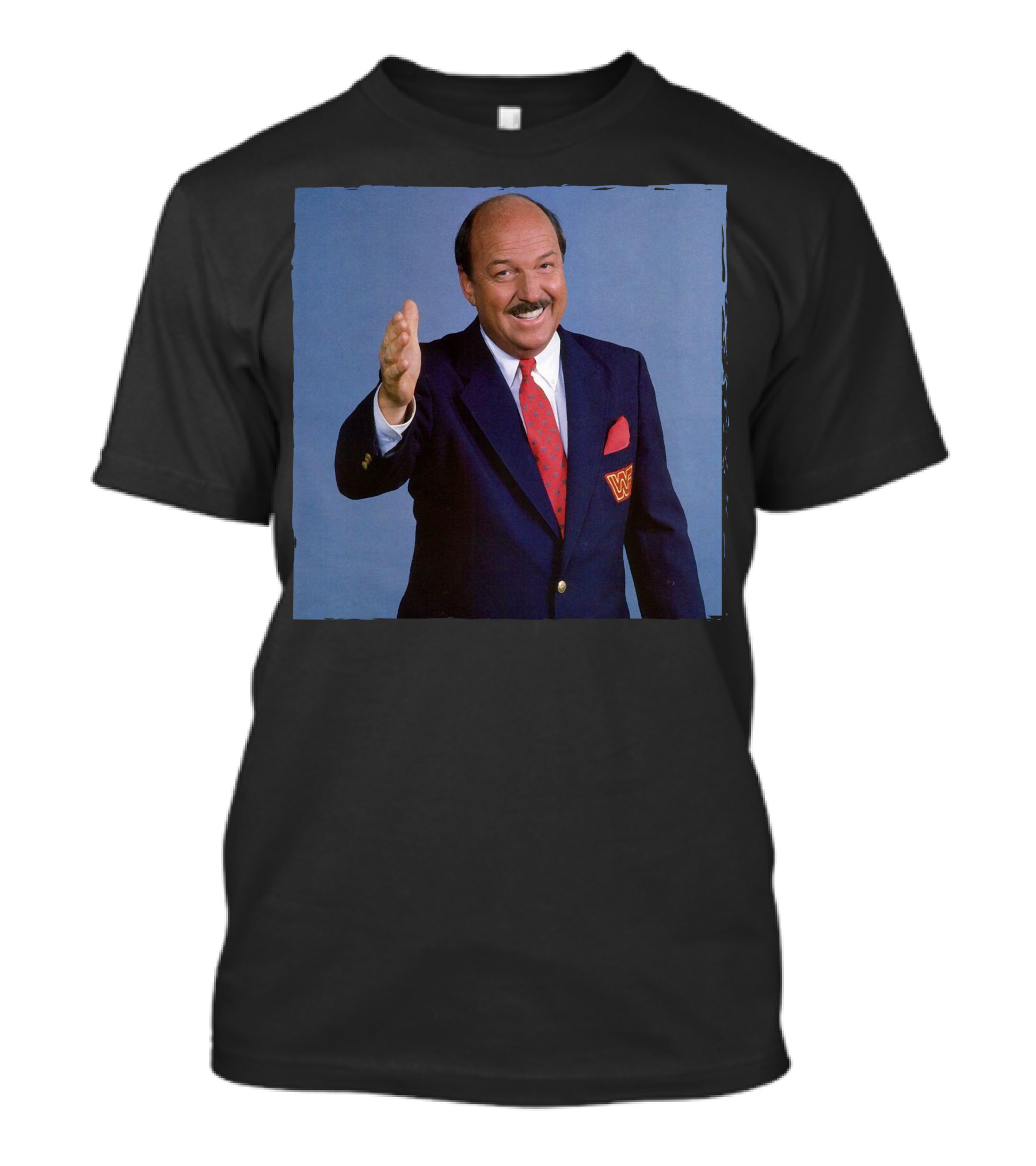 Gene Okerlund WWE Suit Blue Background T-Shirt