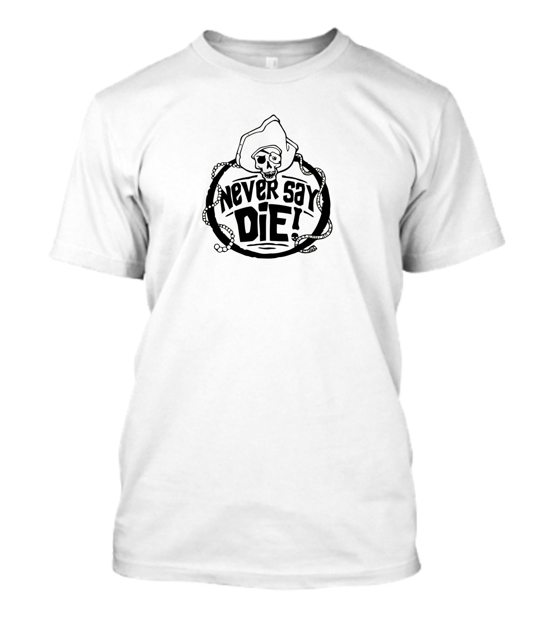 Never Say Die Pirate Skull Vintage Rope Emblem T-Shirt
