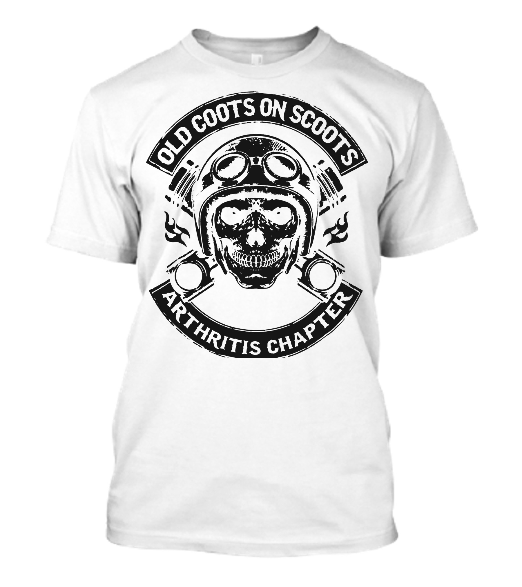 Old Coots On Scoots Arthritis Chapter Skull With Motorcycle Helmet And Piston Crossbones T-Shirt
