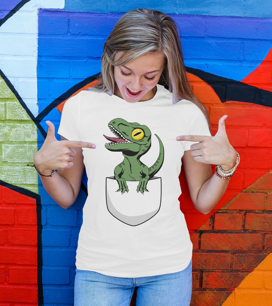 Pocket Raptor Dinosaur Peeking Out T-Shirt